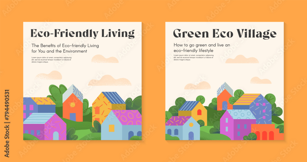 Green eco-fiendly village brochure concepts with houses, hills and trees.Web page design templates with countryside in the spring or summer.Vector layouts for real estate 