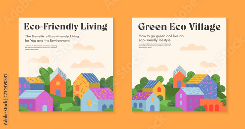 Green eco-fiendly village brochure concepts with houses, hills and trees.Web page design templates with countryside in the spring or summer.Vector layouts for real estate 
