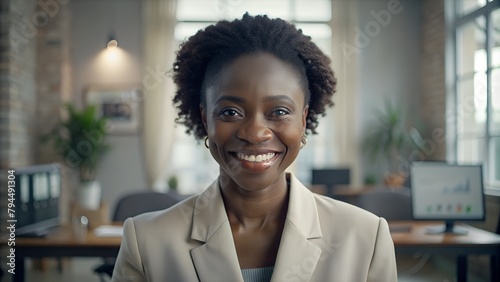 Empowerment in Focus: A Successful African Woman Entrepreneur in her Office Grinning
