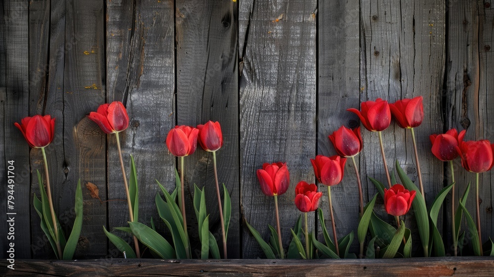 Obraz premium Tulips blooming against a rustic wooden backdrop