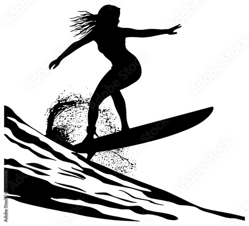 Silhouette of a female surfer surfing a wave, isolated 