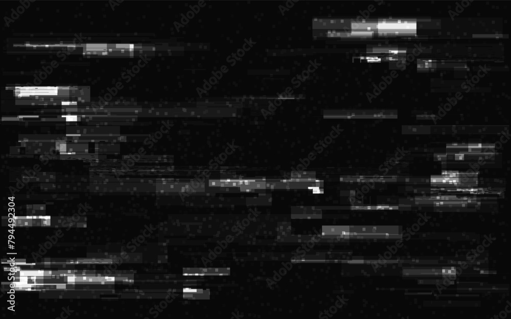 Glitch background. Distorted white lines with overlay effect. Video signal noise. Futuristic distortions template. Random geometric shapes and lines. Vector illustration. Glitch background. Distorted white lines with overlay effect. Video signal noise. Futuristic distortions template. Random geometric shapes and lines. Vector illustration.