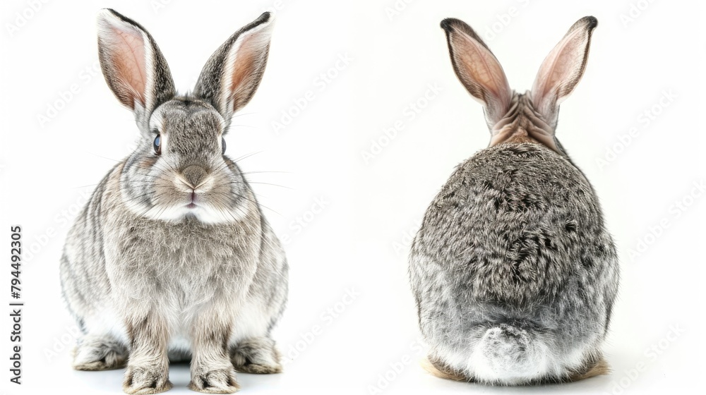 Portrait of an adorable gray rabbit seen from the front and back