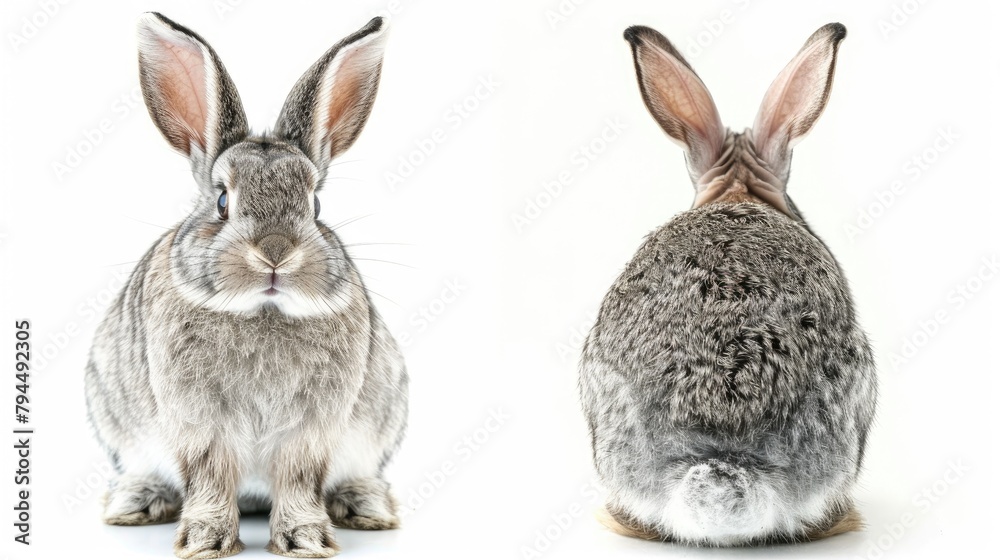 Portrait of an adorable gray rabbit seen from the front and back Portrait of an adorable gray rabbit seen from the front and back