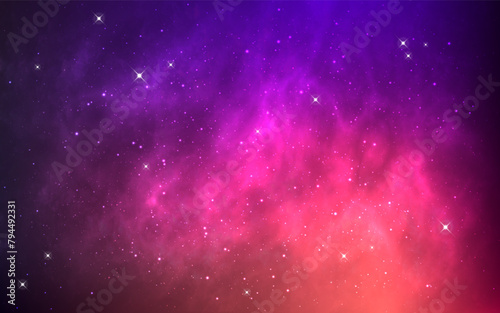 Space background. Bright starry nebula. Deep universe with white stars. Colorful cosmos texture for poster, website or banner. Glowing galaxy wallpaper. Vector illustration.