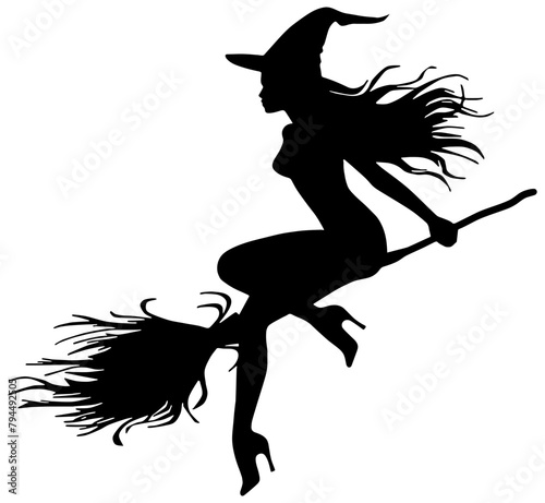 Silhouette of a witch flying on a broomstick, isolated 