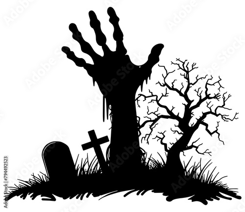 silhouette of a zombie hand reaching out from a grave in a graveyard, halloween concept 