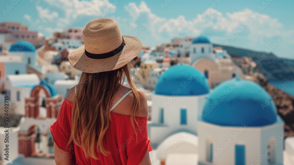 Happy Asian woman smiling in a red dress, hat, and sunglasses posing in Santorini, Greece with blue domes. Travel Europe summer holiday enjoying Oia, Santorini Greece cruise vacation.