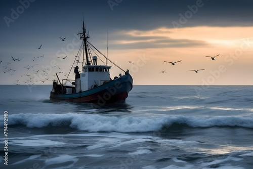 Solitary fishing boat at twilight, sea birds in flight over calm waters