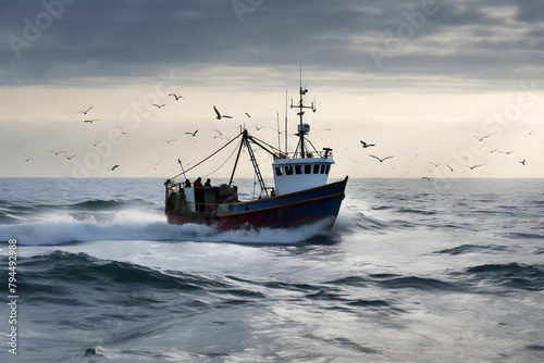 Commercial fishing boat at sea during early morning hours