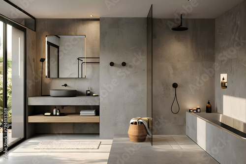 Contemporary modern bathroom interior in grey colors, concrete and marble elements.