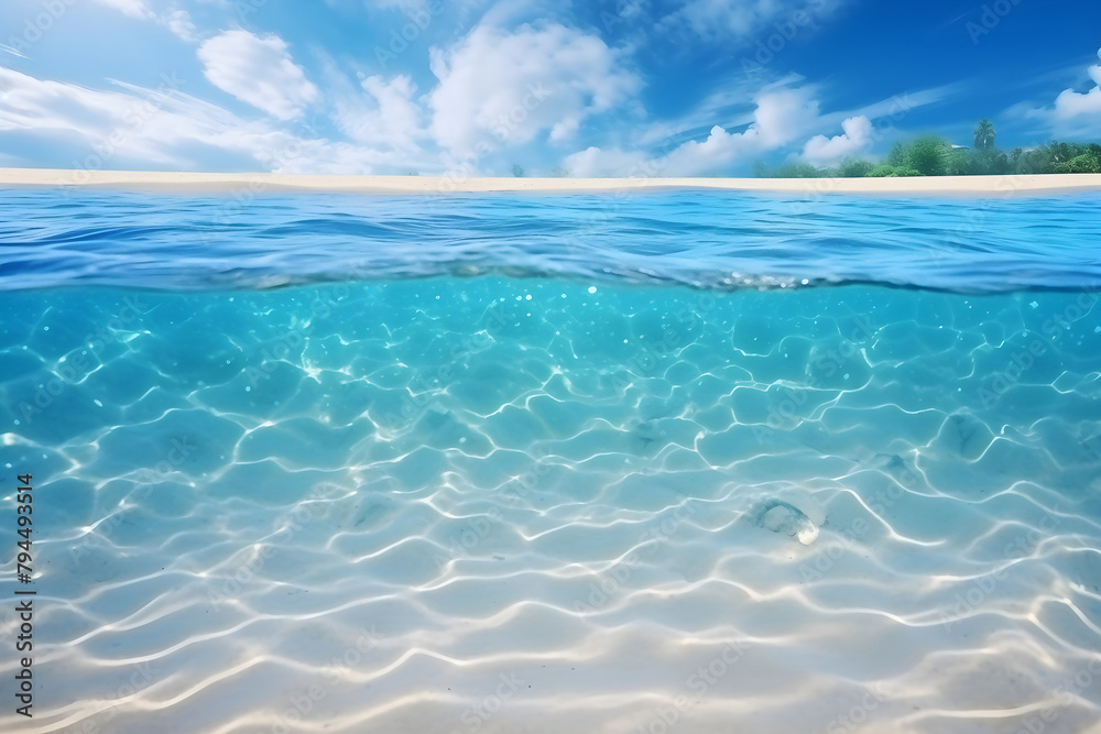 Crystal clear waters and white sand beach under a sunny blue sky Crystal clear waters and white sand beach under a sunny blue sky