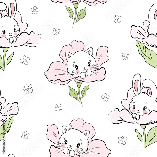 Hand Drawn Cute Cat and flowers seamless pattern vector illustration