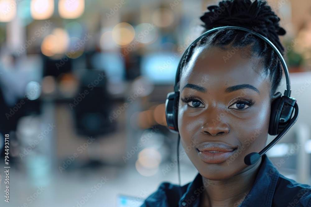 Call center agent with headset working on support hotline in modern office. Portrait of beautiful African American young woman in conversation looking at camera. AI Generated Call center agent with headset working on support hotline in modern office. Portrait of beautiful African American young woman in conversation looking at camera. AI Generated