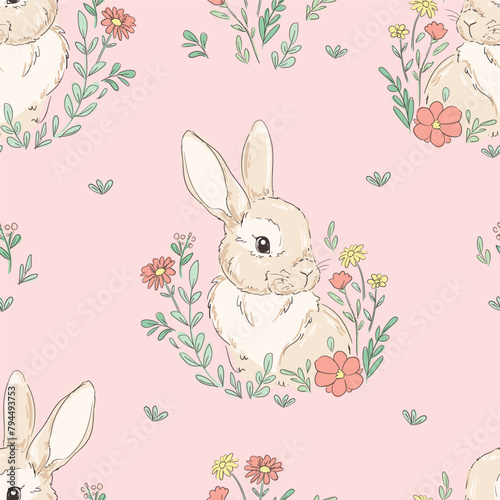 Hand Drawn Cute Rabbits and Flower background vector seamless, Little Bunny pattern Kids print.