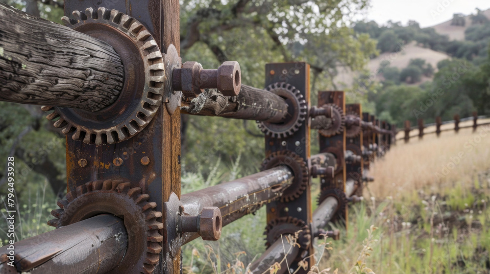 The ranchs fence is made up of welded steel pipes and gears a stark contrast to the surrounding wooden landscape. .