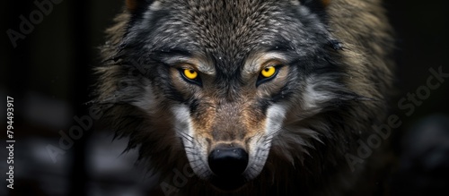 A wolf with piercing yellow eyes staring at the camera