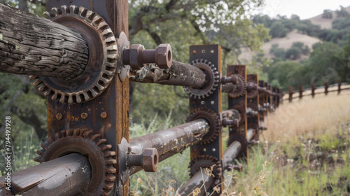 The ranchs fence is made up of welded steel pipes and gears a stark contrast to the surrounding wooden landscape. .