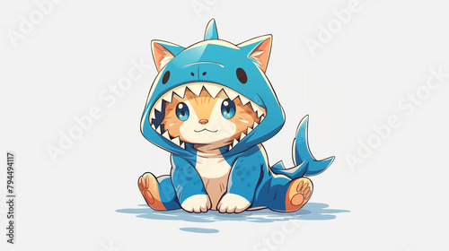 Cute cat wearing blue shark costume anime onesie