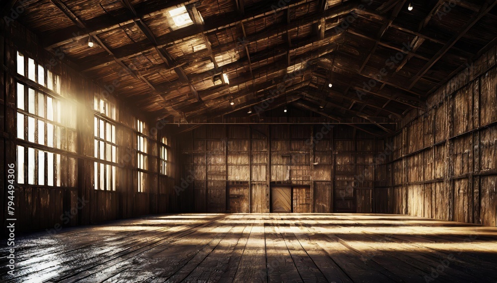 empty warehouse wooden walls and big windows interior industrial concept background 3d render