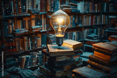 A light bulb rests on books in a library with shelves of publications © Vladimir