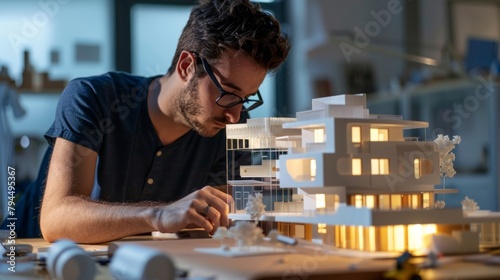 In a brightly lit studio an architectural artisan is seen hunched over a small model of a building carefully sculpting every tiny detail with the utmost precision and skill. . photo