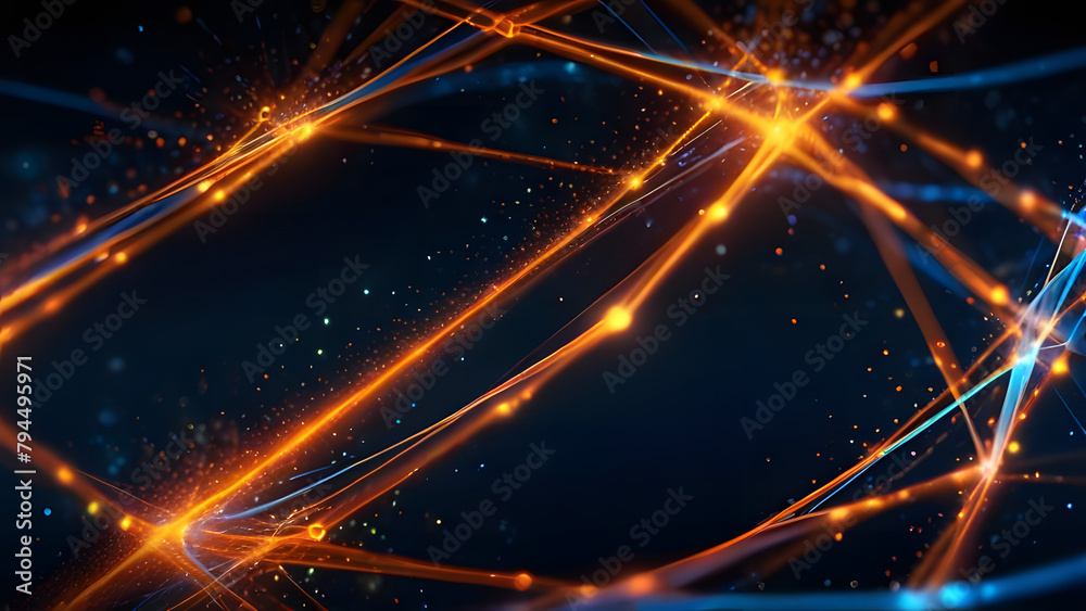 Fototapeta premium Internet data transmitting, Digital background, A great quantity of glowing joint connected 3 dimension Dots, Cybernetic, Dreamscape, Only Glowing Orange and blue, Black color empty space and backgrou