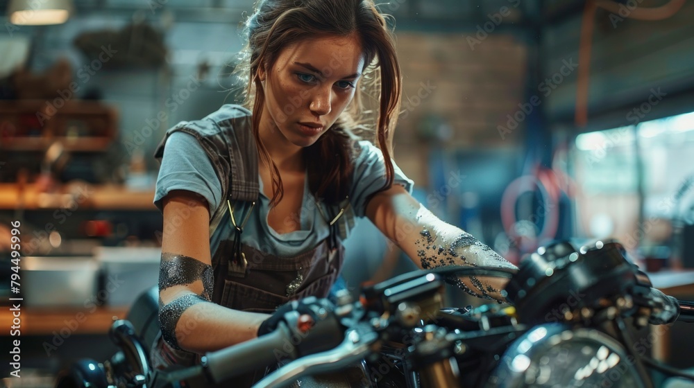 female mechanic fixing a motorcycle with oil in her arms in high resolution and high quality female mechanic fixing a motorcycle with oil in her arms in high resolution and high quality