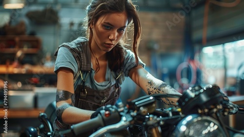 female mechanic fixing a motorcycle with oil in her arms in high resolution and high quality