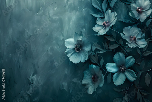 Subtly textured teal painted flowers on a dark moody background