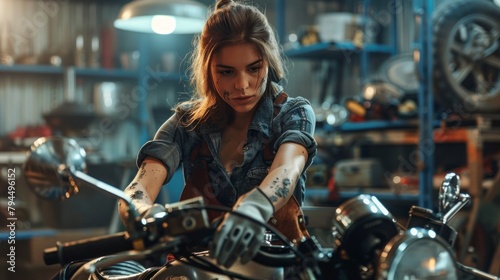female mechanic fixing a motorcycle with oil in her arms in high resolution and high quality hd photo
