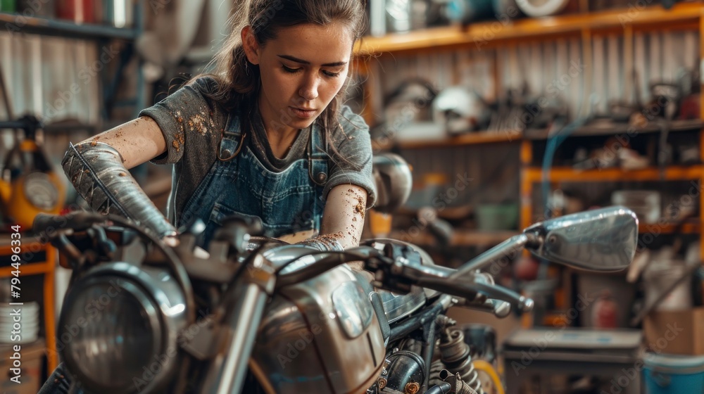 Mechanic woman fixing a motorcycle with oil on her arms in high resolution and high quality. mechanical concept