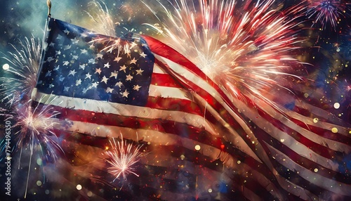 abstract artistic depiction of american flag with splatter paint and fireworks