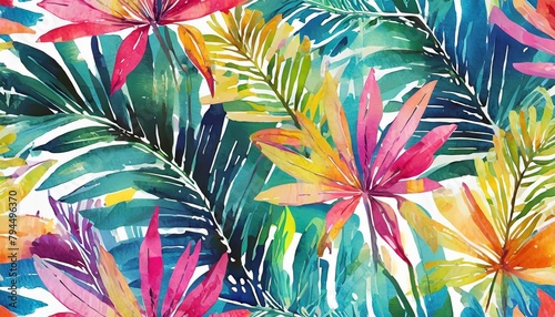 beautiful autotraced vector seamless pattern with hand drawn watercolor colorful tropical palm leaves wallpapper textile fabric design © Robert