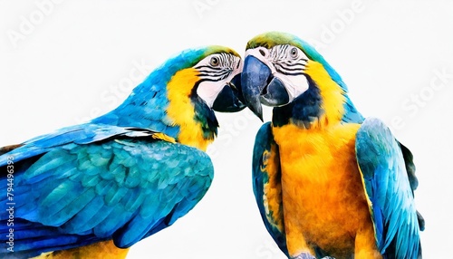 watercolor illustration of two birds in blue and yellow colors isolated on white background © Robert