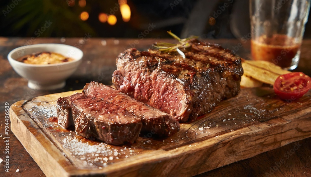 juicy angus steak or sirloin steak grilled over hot coals sliced rare on a wooden board generative ai