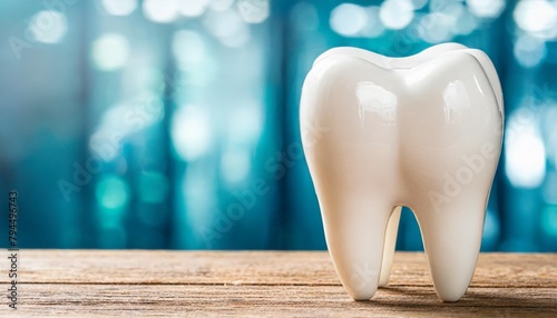 tooth on a table with clinic background banner with copy space