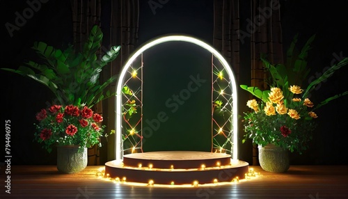 realistic 3d render with podium plant flower window light for ramadan or eid sale offer and promotion empty display abstract background generative ai photo