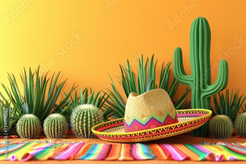 Mexican party concept with cactuses and sombrero hat on the table. Cinco de Mayo holiday celebration. AI Generated 