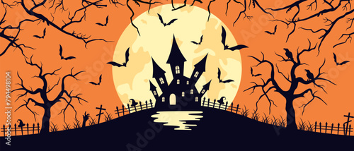 Creepy Halloween orange background with a castle, bats, and full moon. Vector illustration.