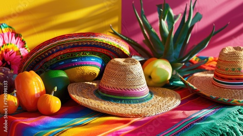 Cinco de mayo concept. Sombrero hats and fruits against bright background. AI Generated