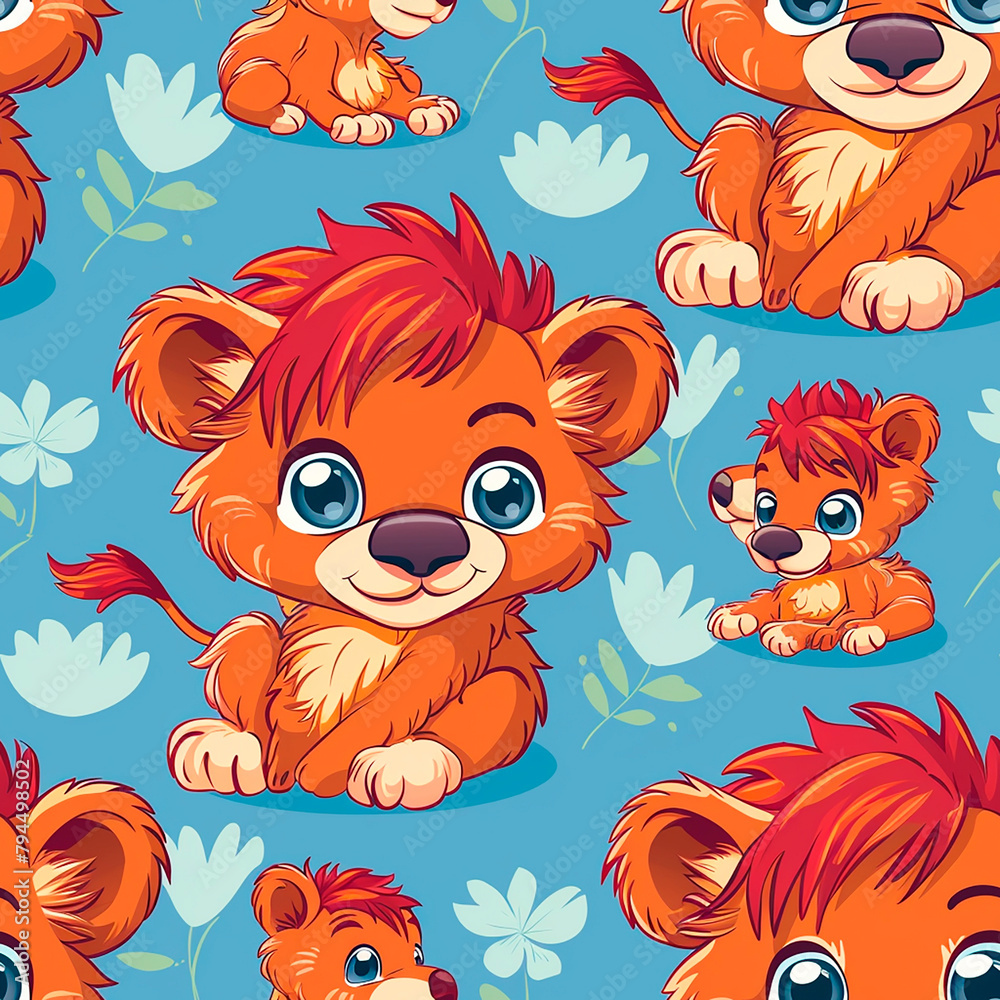 Seamless pattern of cheerful cartoon lions on a blue floral background. Seamless pattern of cheerful cartoon lions on a blue floral background.
