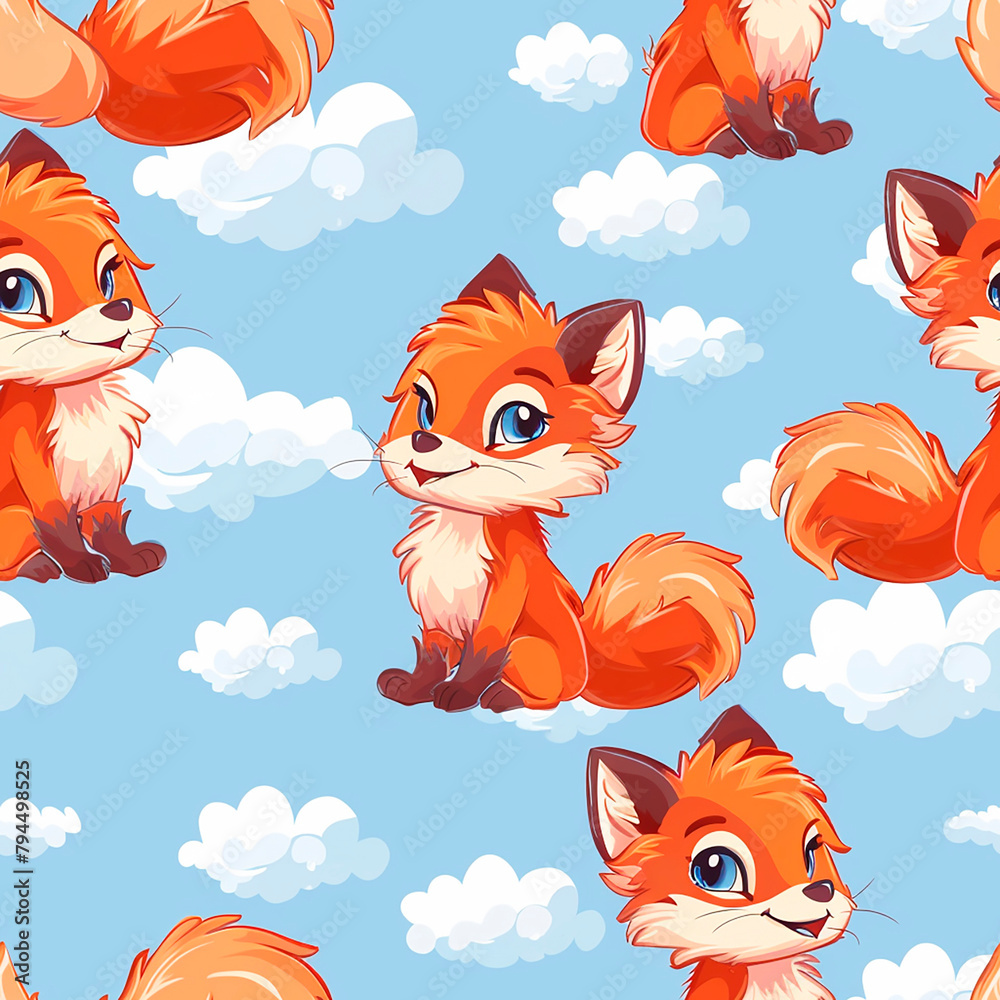 Fototapeta premium Seamless design with whimsical red foxes amongst fluffy clouds on a blue sky.