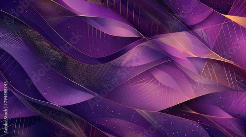 Design a geometrically layered and abstract background in varying shades of purple, featuring a blend of gold elements to create a sophisticated and visually appealing composition photo