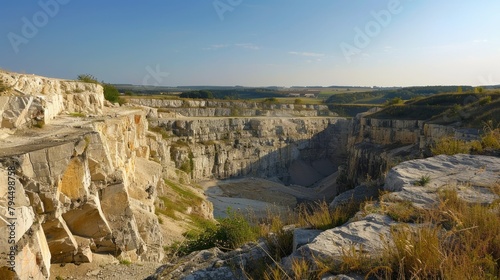 A picturesque limestone quarry sits beneath the vast expanse of a clear blue sky