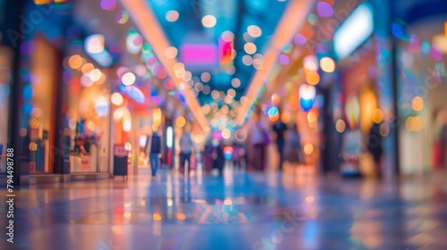 In the defocused background bright lights and colorful signs blend together to create a vibrant and lively setting setting the scene for a busy and active shopping center. . photo