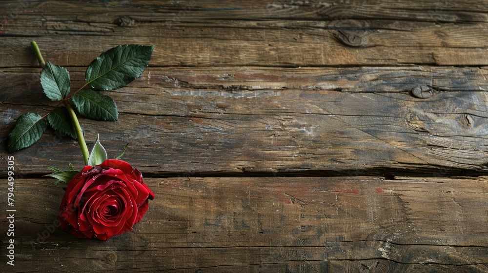 A single crimson rose elegantly graces the rustic wooden table perfectly complementing the background