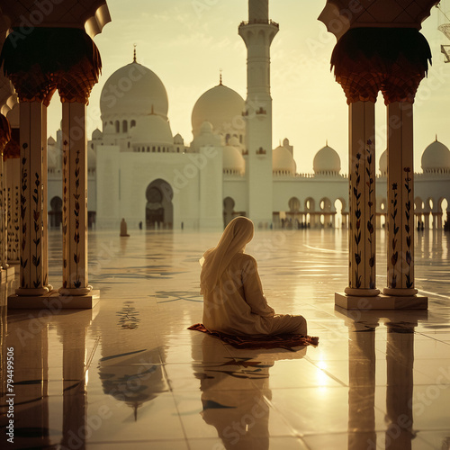 An African Islamic man prays in front of a mosque