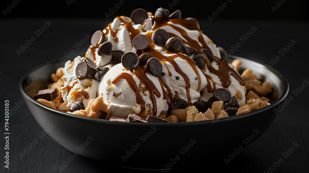 Classic ice cream fillings, chocolate chips, cookie dough pieces and caramel syrup on a smooth black surface, contrasting lighting emphasize the texture and glossy coating of the fillings Classic ice cream fillings, chocolate chips, cookie dough pieces and caramel syrup on a smooth black surface, contrasting lighting emphasize the texture and glossy coating of the fillings
