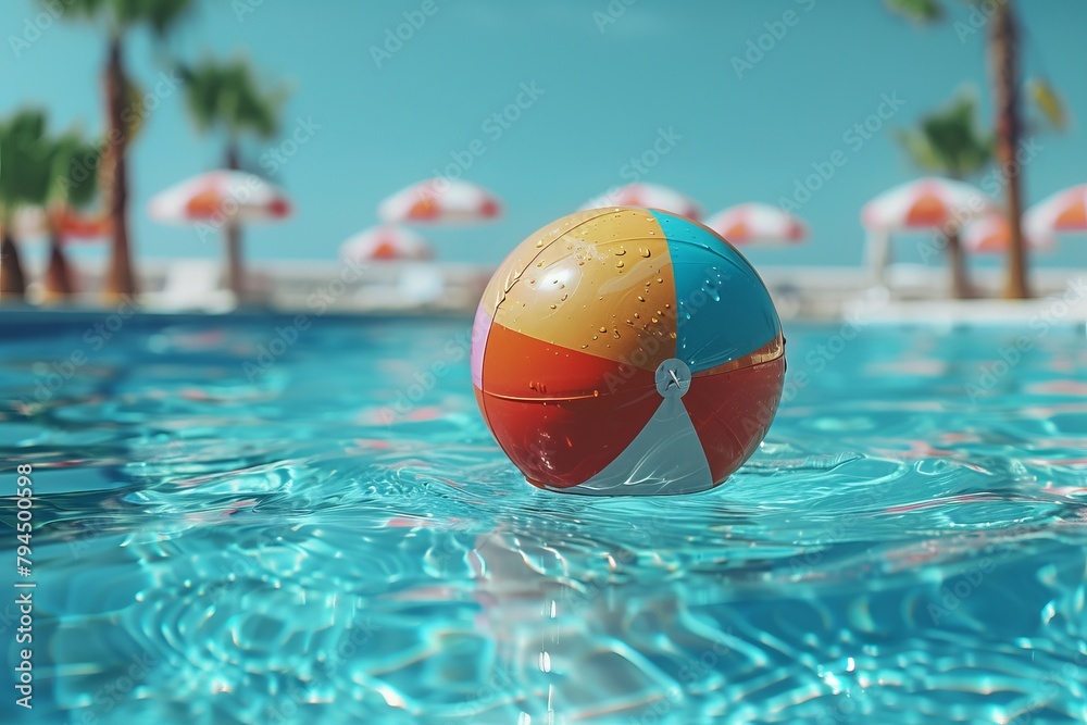 A vibrant beach ball floats in the pool, adding color to the water